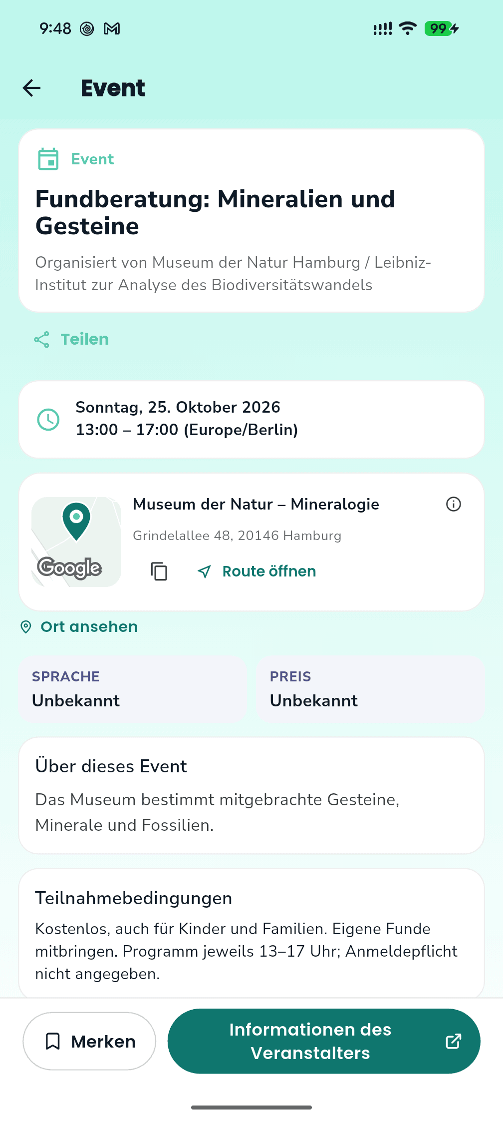 Deutsche Parentsy-Eventansicht zur Fundberatung im Museum der Natur Hamburg mit Datum, Uhrzeit, Treffpunkt, Teilnahmeinformationen und Link zum Veranstalter.
