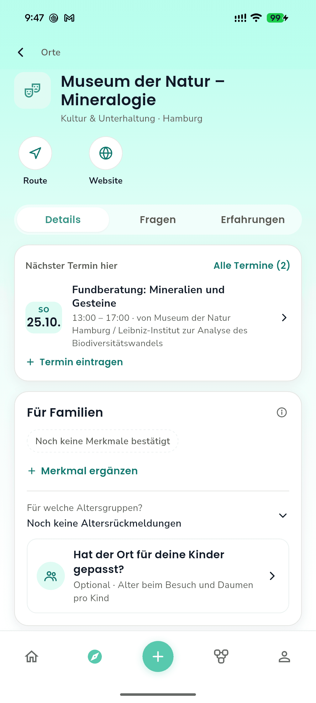 Deutsche Parentsy-Ortsansicht des Museums der Natur in Hamburg mit einem zugehörigen Veranstaltungstermin. Familienmerkmale sind als noch unbestätigt gekennzeichnet.
