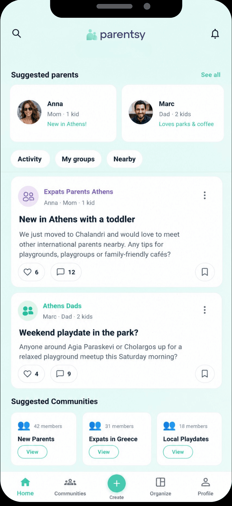 Illustrative Parentsy home feed with example parents, community posts, and local groups.